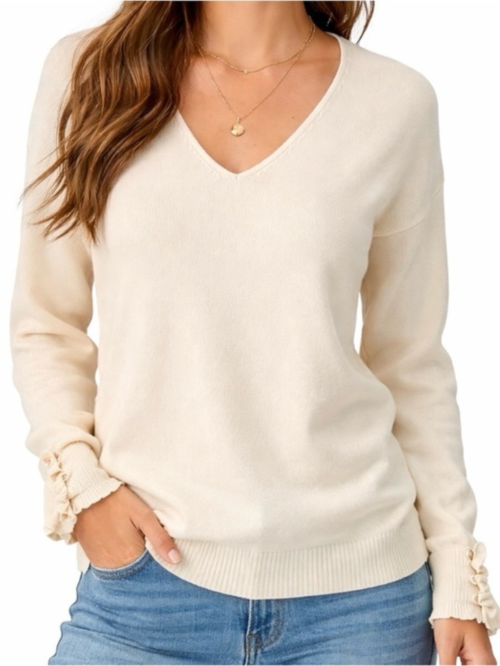 Chic Style Cream V-Neck Ruffle Button Cuff Sweater Womens M